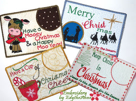 CHRISTMAS GREETING "CARD" MUG MAT SET #2  In The Hoop Machine Embroidery Mug Mat/Mug Rug