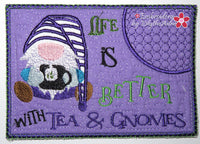 TEA & GNOMES  In The Hoop Embroidered Mug Mat/Mug Rug Design - DIGITAL DOWNLOAD