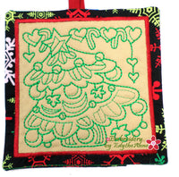 CHRISTMAS RED WORK POT HOLDERS  In The Hoop Embroidered  DIGITAL DOWNLOAD