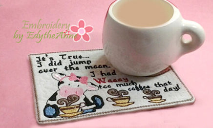 COWS DRINK COFFEE Too Mug Mat/Mug Rug. 2 piece Set. Both Female Cow and Bull Completely done In The Hoop.  - Digital File - Instant Download - Embroidery by EdytheAnne - 5