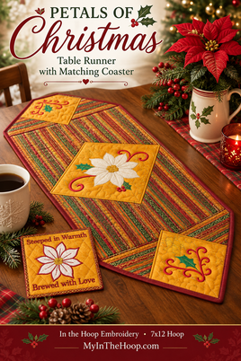 Petals of Christmas Poinsettia Table Runner & Matching Coaster