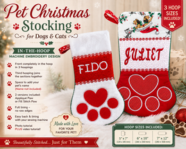 Pet Christmas Stocking for Dogs &amp; Cats – In-the-Hoop Machine Embroidery Design – 3 Hoop Sizes