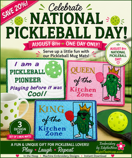 PICKLEBALL MUG MAT SET -  In The Hoop Embroidered Mug Mat Design - DIGITAL DOWNLOAD
