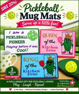 PICKLEBALL MUG MAT SET -  In The Hoop Embroidered Mug Mat Design - DIGITAL DOWNLOAD