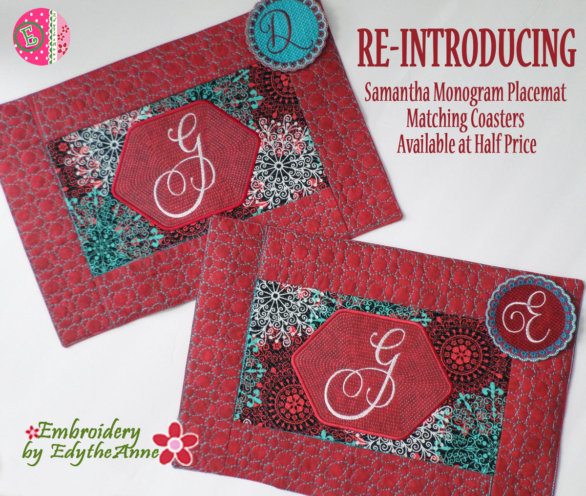 SAMANTHA MONOGRAM PLACE MATS In The Hoop Machine Embroidery Design ...