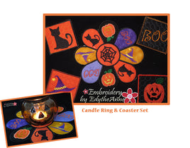 COZY GLOW HALLOWEEN CANDLE RING/TABLE TOPPER & MATCHING COASTER SET In The Hoop Machine Embroidery
