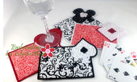 4 PIECE CARD GAME Set Machine Embroidery In The Hoop Embroidered Mug Mat/Mug Rugs.  - Digital Download