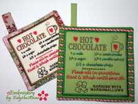 HOT CHOCOLATE RECIPE POT HOLDERS  In The Hoop Embroidered  DIGITAL DOWNLOAD