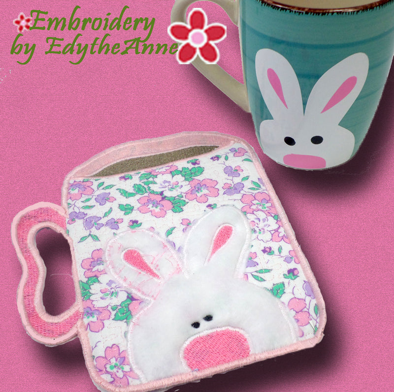 BUNNY MUG SHAPED In The Hoop Embroidered Mug Mat/Mug Rug Digital Dow