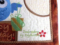 BIRTHDAY OWL...In The Hoop Embroidered Mug Mat/Mug Rug Design.- Digital Download