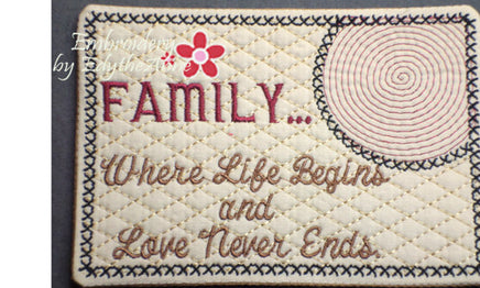 FAMILY..Where Life Begins... In The Hoop Embroidered Mug Mats/Mug Rugs. Two piece set. Digital File.Available immediately. - Embroidery by EdytheAnne - 3