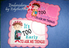 IT'S TOO EARLY WHIMSICAL MUG MAT Available in two sizes. INSTANT DOWNLOAD - Embroidery by EdytheAnne - 1