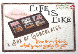 LIFE IS LIKE A BOX OF CHOCOLATES In The Hoop Whimsical Embroidered Mug Mats/Mug Rugs-Digital Download