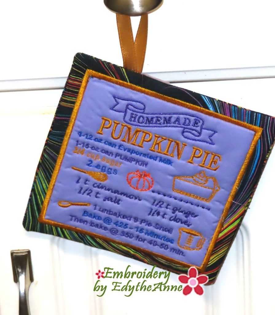 PUMPKIN PIE POT HOLDERS In The Hoop Embroidered DIGITAL DOWNLOAD