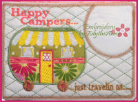 HAPPY CAMPER In The Hoop Whimsical Embroidered Mug Mats/Mug Rugs - Digital Download