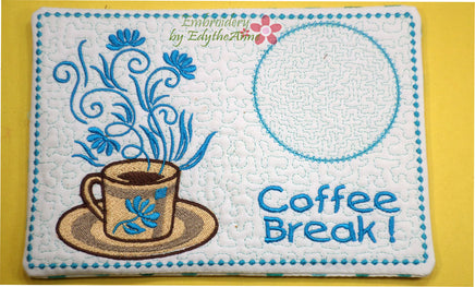 COFFEE BREAK Machine Embroidered Mug Mat/Mug Rug - 2  Sizes included- INSTANT DOWNLOAD - Embroidery by EdytheAnne - 2