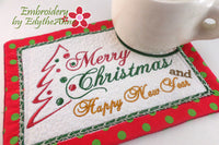 MERRY CHRISTMAS & HAPPY NEW YEAR MUG MAT/MUG RUG In The Hoop Embroidery Design
