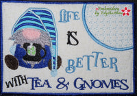 TEA & GNOMES  In The Hoop Embroidered Mug Mat/Mug Rug Design - DIGITAL DOWNLOAD