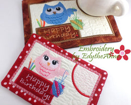 BIRTHDAY OWL...In The Hoop Embroidered Mug Mat/Mug Rug Design.- Digital Download
