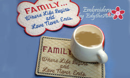 FAMILY..Where Life Begins... In The Hoop Embroidered Mug Mats/Mug Rugs. Two piece set. Digital File.Available immediately. - Embroidery by EdytheAnne - 1
