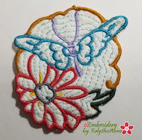 BUTTERFLY & FLOWERS COASTER - - IN THE HOOP MACHINE EMBROIDERY-DIGITAL DOWNLOAD