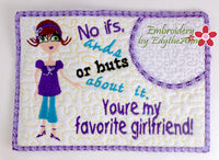 FAVORITE GIRL FRIEND  Set of 2 Designs In The Hoop Whimsical Embroidered Mug Mats/Mug Rugs-Digital Download