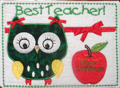 TEACHER Both Male and Female Christmas Gift Mug Mat/Mug Rug In The Hoop Appliqued owls.  - INSTANT DOWNLOAD - Embroidery by EdytheAnne - 2
