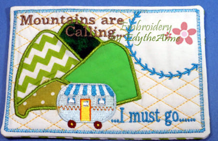 MOUNTAINS ARE CALLING... Set of Two  In The Hoop Whimsical Embroidered Mug Mat/Mug Rug.  Digital File. Available immediately. - Embroidery by EdytheAnne - 3