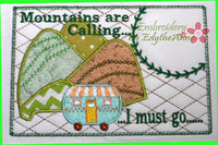 MOUNTAINS ARE CALLING... Set of Two  In The Hoop Whimsical Embroidered Mug Mat/Mug Rug.  Digital File. Available immediately. - Embroidery by EdytheAnne - 1