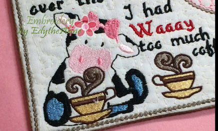 COWS DRINK COFFEE Too Mug Mat/Mug Rug. 2 piece Set. Both Female Cow and Bull Completely done In The Hoop.  - Digital File - Instant Download - Embroidery by EdytheAnne - 4