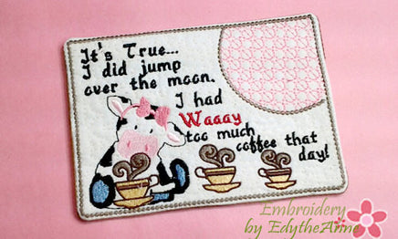 COWS DRINK COFFEE Too Mug Mat/Mug Rug. 2 piece Set. Both Female Cow and Bull Completely done In The Hoop.  - Digital File - Instant Download - Embroidery by EdytheAnne - 2