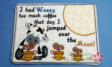 COWS DRINK COFFEE Too Mug Mat/Mug Rug. 2 piece Set. Both Female Cow and Bull Completely done In The Hoop.  - Digital File - Instant Download - Embroidery by EdytheAnne - 3