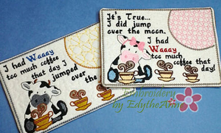 COWS DRINK COFFEE Too Mug Mat/Mug Rug. 2 piece Set. Both Female Cow and Bull Completely done In The Hoop.  - Digital File - Instant Download - Embroidery by EdytheAnne - 1