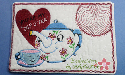 VINTAGE TEA POT In The Hoop Embroidered Mug Mat. You are my cup of tea.  - Digital File - Instant Download - Embroidery by EdytheAnne - 1