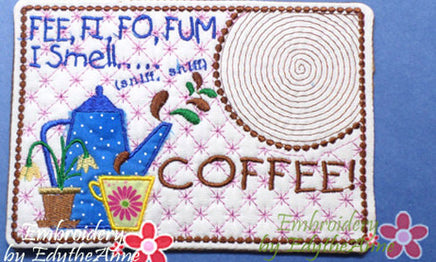 COFFEE Mug Mat/MUG RUG.In The Hoop Embroidered Design. Digital File. Available immediately. - Embroidery by EdytheAnne - 1