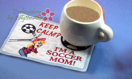 SOCCER MOM WHIMSICAL In The Hoop Embroidered Mug Mat/Mug Rug w/Special Interest Tag.Easy to stitch.  - Digital File - Instant Download - Embroidery by EdytheAnne - 4