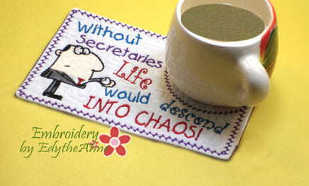 SET of 3 WHIMSICAL RECEPTIONIST Mug Mat/Mug Rugs. Also includes Secretary & Admin versions. Quick and Easy. Digital Files. - Embroidery by EdytheAnne - 2