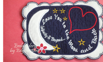 LOVE YOU TO THE MOON... In The Hoop Embroidered Mug Mats/Mug Rugs.  Digital File.Available immediately. - Embroidery by EdytheAnne - 1