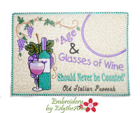 AGE & GLASSES OF WINE In The Hoop Whimsical Embroidered Mug Mats/Mug Rugs.   - Digital File - Instant Download