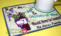 AGE & GLASSES OF WINE In The Hoop Whimsical Embroidered Mug Mats/Mug Rugs.   - Digital File - Instant Download - Embroidery by EdytheAnne - 4