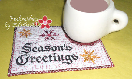 SEASON'S GREETINGS In The Hoop Embroidery Mug Mat Design -  Embroidery by EdytheAnne 