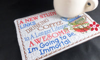 COFFEE IMMORTALITY Whimsical In The Hoop Embroidered Mug Mat Designs -Digital Download