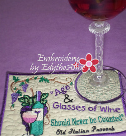 AGE & GLASSES OF WINE In The Hoop Whimsical Embroidered Mug Mats/Mug Rugs.   - Digital File - Instant Download - Embroidery by EdytheAnne - 2